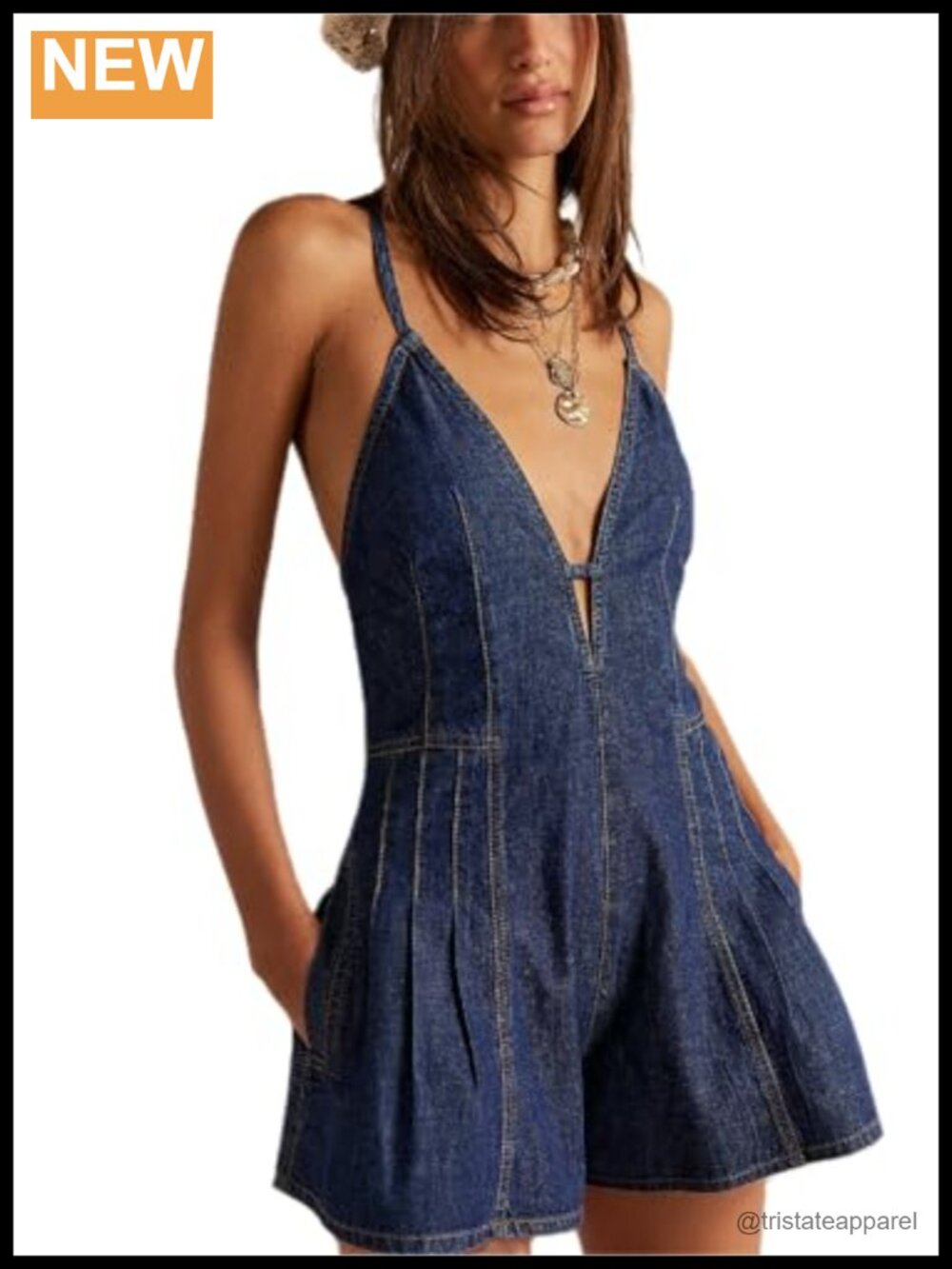 Spaghetti Strap Denim Romper Sleeveless V Neck Backless Tie-Up Short Jumpsuit